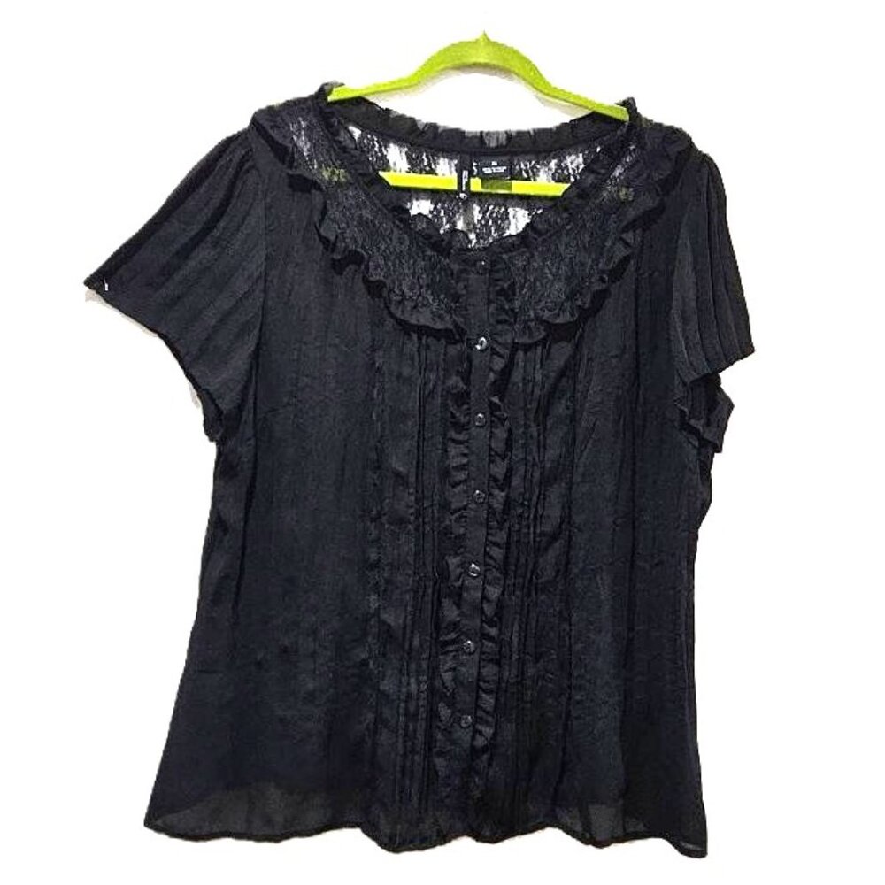 GOTH BLACK LACE EDWARDIAN SHORT SLEEVE WITCHY RUFFLE NECK BUTTON TOP BLOUSE 2X